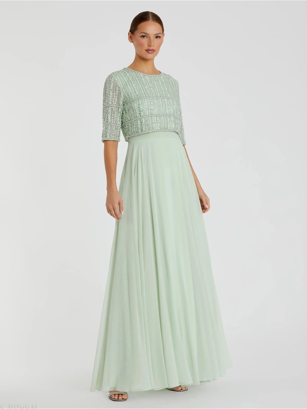 Mac Duggal 9180 Green Chiffon Gown W/ Fully Beaded 3/4 Sleeve Top Sz 8 Nwot